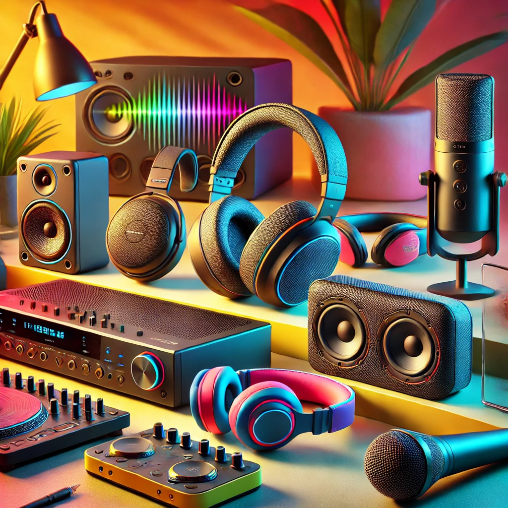 A vibrant and colorful image showcasing a variety of audio and music electronics, including over-ear headphones, wireless earbuds, a portable Bluetooth speaker, and a home audio system, set against a bright backdrop