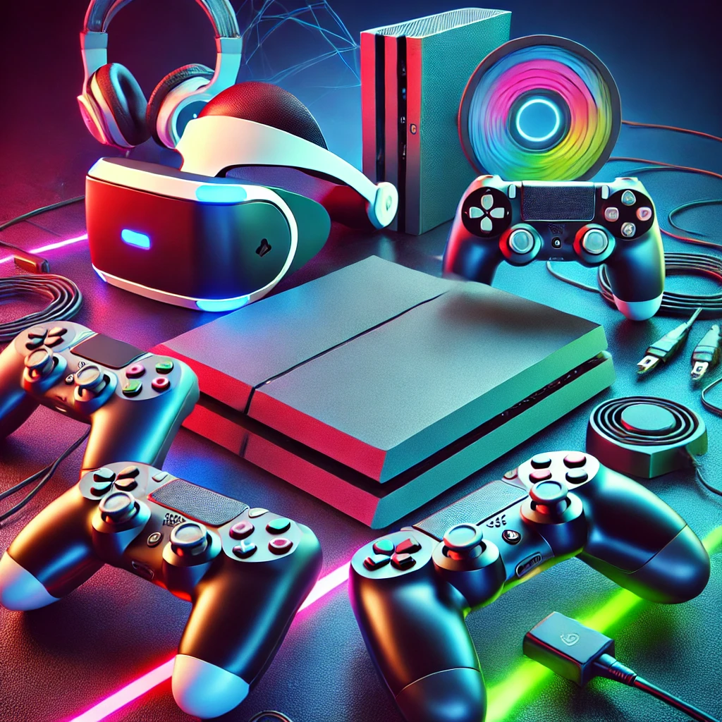 A vibrant and colorful image showcasing a variety of gaming console electronics, including a modern gaming console, handheld gaming devices, and accessories like controllers and headsets.