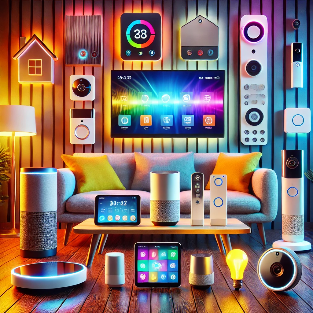 A high-quality, sharp, and vibrant image showcasing a variety of smart home devices, including a smart speaker, smart thermostat, smart light bulb, and other innovative technologies.