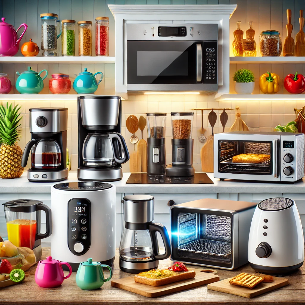 A high-quality, sharp, and visually appealing image showcasing a variety of kitchen electronics, including a blender, air fryer, coffee maker, and microwave oven.