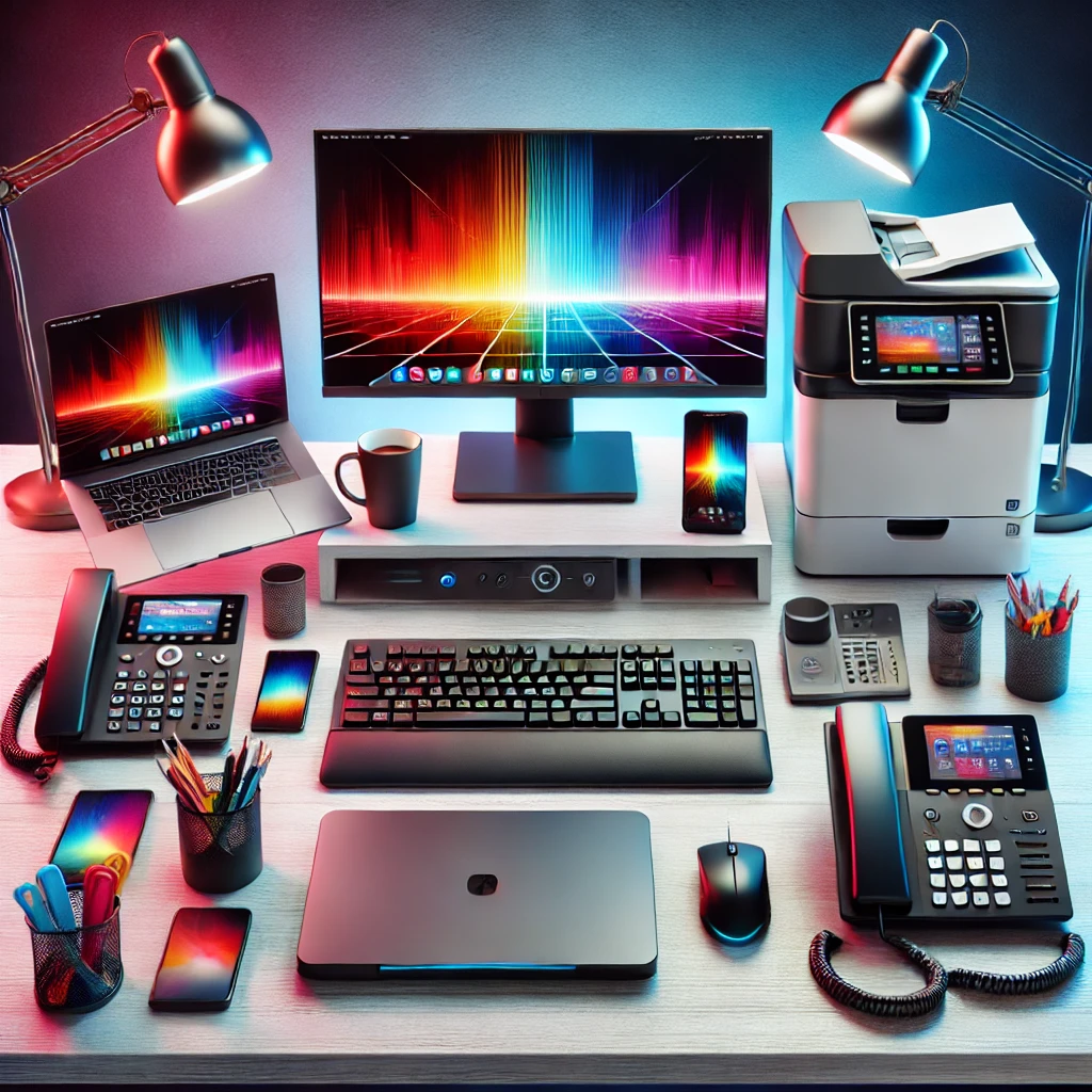 A high-quality, sharp image showcasing a variety of office electronics, including a desktop computer, laptop, printer, scanner, and wireless accessories.