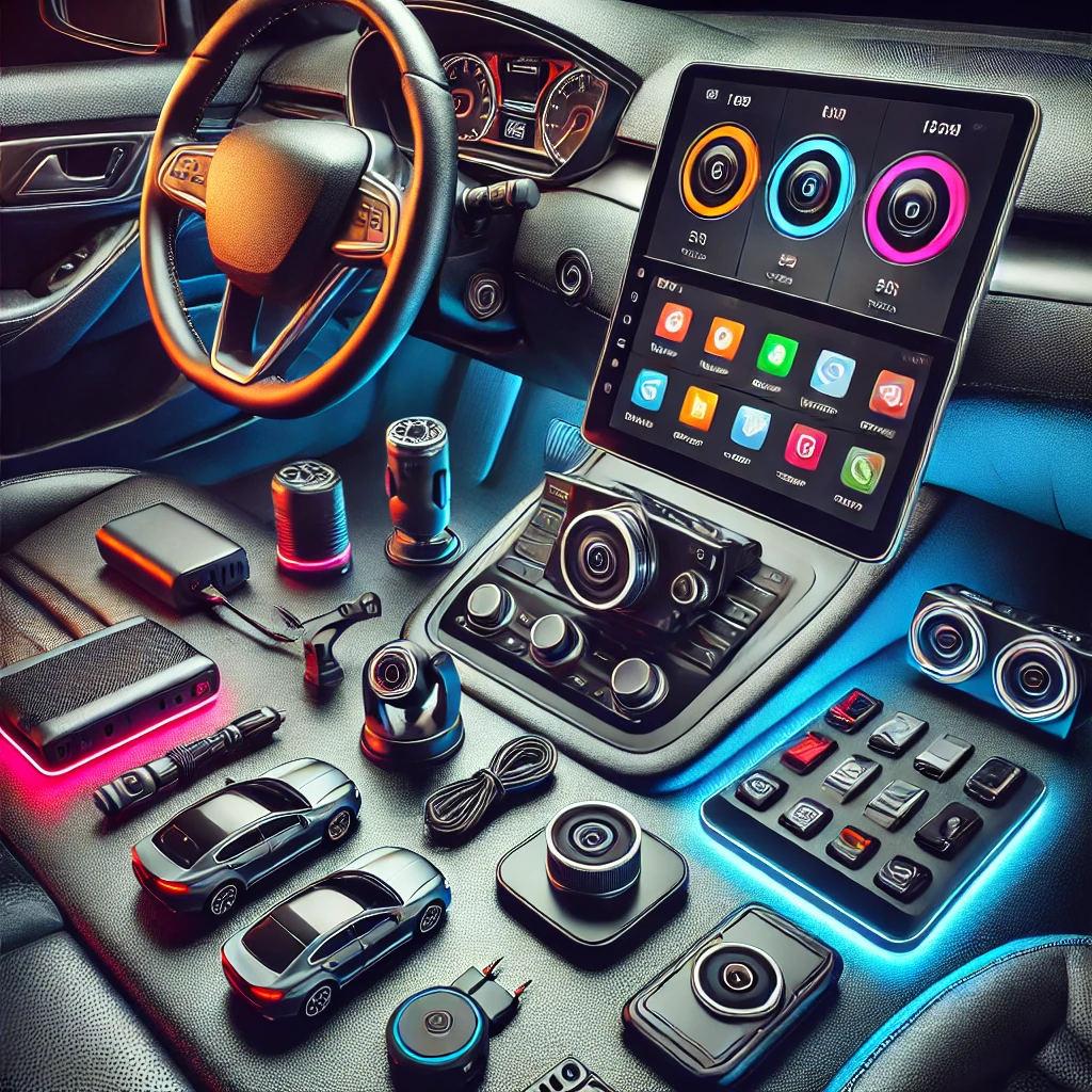 A sharp and high-quality image showcasing various car electronics, including a dash cam, GPS navigation system, car stereo system, and other automotive gadgets.