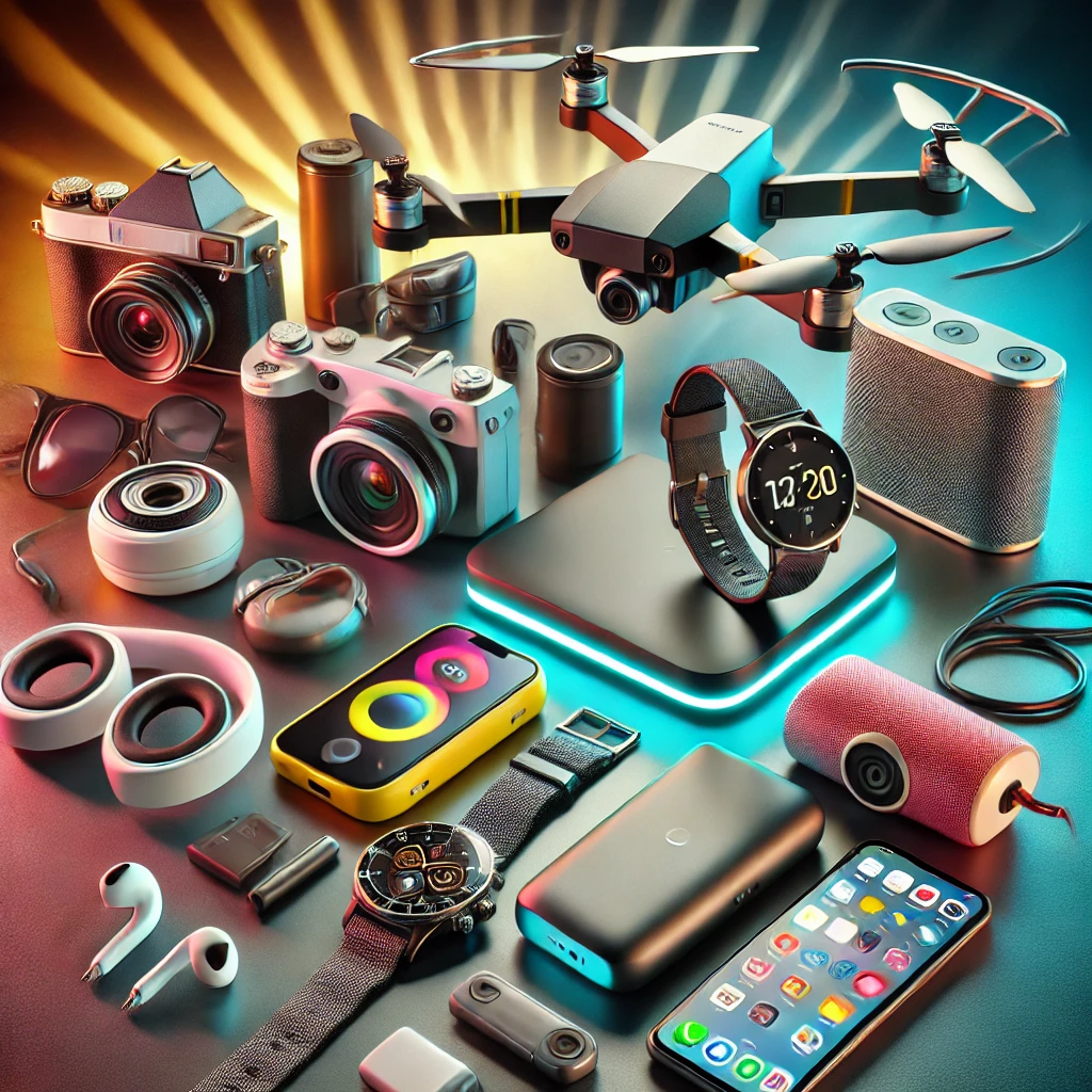 A high-quality, sharp, and visually appealing image showcasing a variety of miscellaneous electronics, including a digital camera, portable power bank, drone, and more.