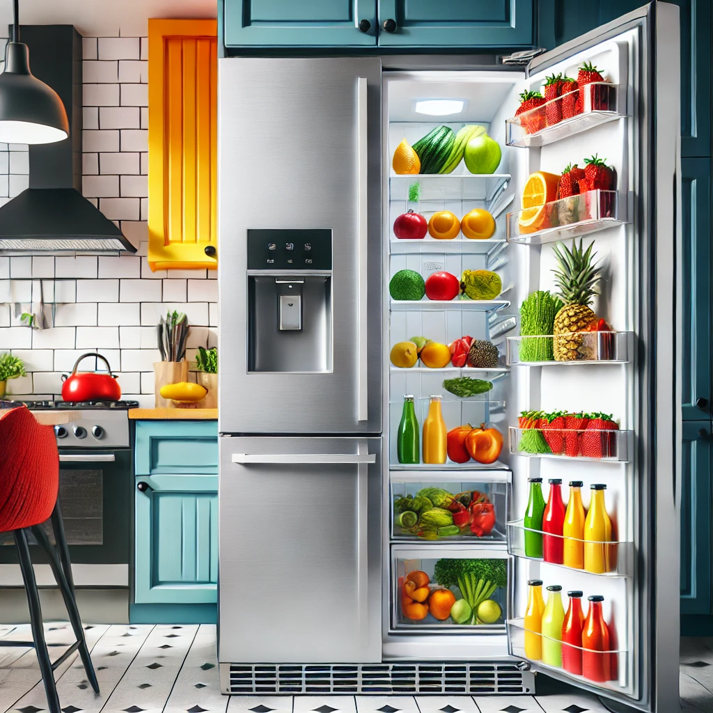 A high-quality, sharp, and eye-catching image showcasing a modern refrigerator in a vibrant kitchen setting. The refrigerator features sleek stainless steel doors, a minimalist design, and ample storage, perfectly complementing the stylish decor of the kitchen.