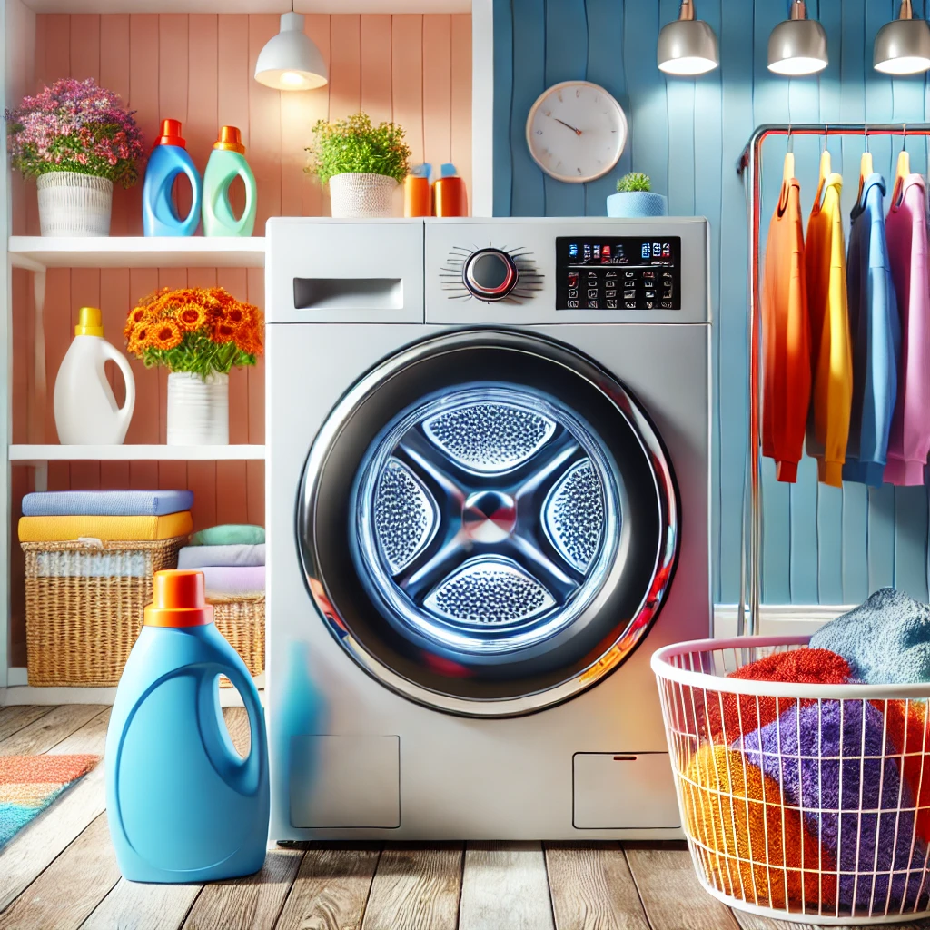 A high-quality, sharp, and eye-catching image showcasing a modern washing machine in a bright and colorful laundry room. The washing machine features a sleek design with advanced digital controls, seamlessly blending into the vibrant decor of the space.