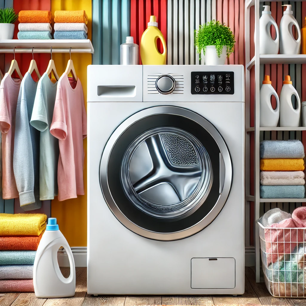 A high-quality, sharp, and eye-catching image showcasing a modern clothes dryer in a bright and stylish laundry room. The dryer features a sleek design, advanced digital controls, and seamlessly blends into the vibrant decor.