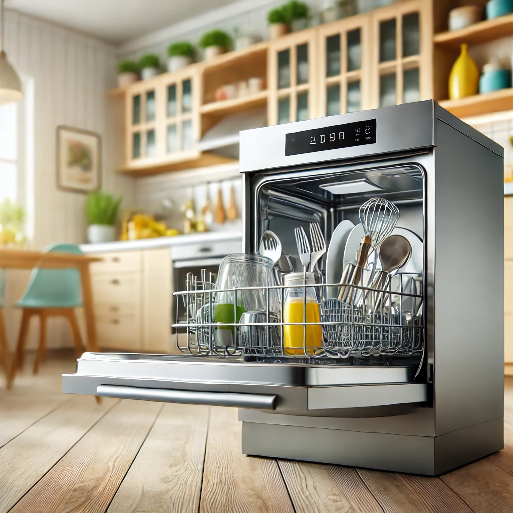 A modern dishwasher with a sleek stainless steel finish in a bright and stylish kitchen setting, featuring a digital control panel and minimalist design.