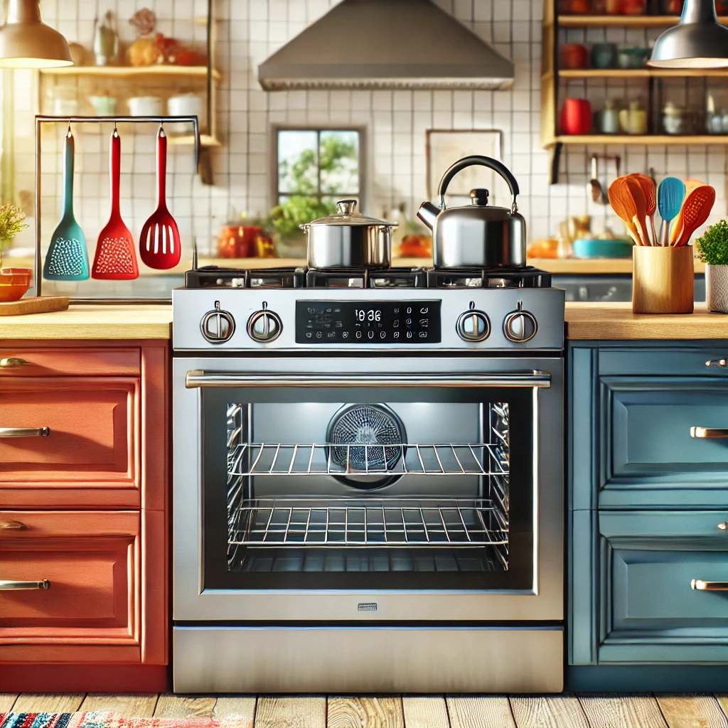 A sleek and modern oven and range with a stainless steel finish in a bright and stylish kitchen, featuring a digital control panel and minimalist design.