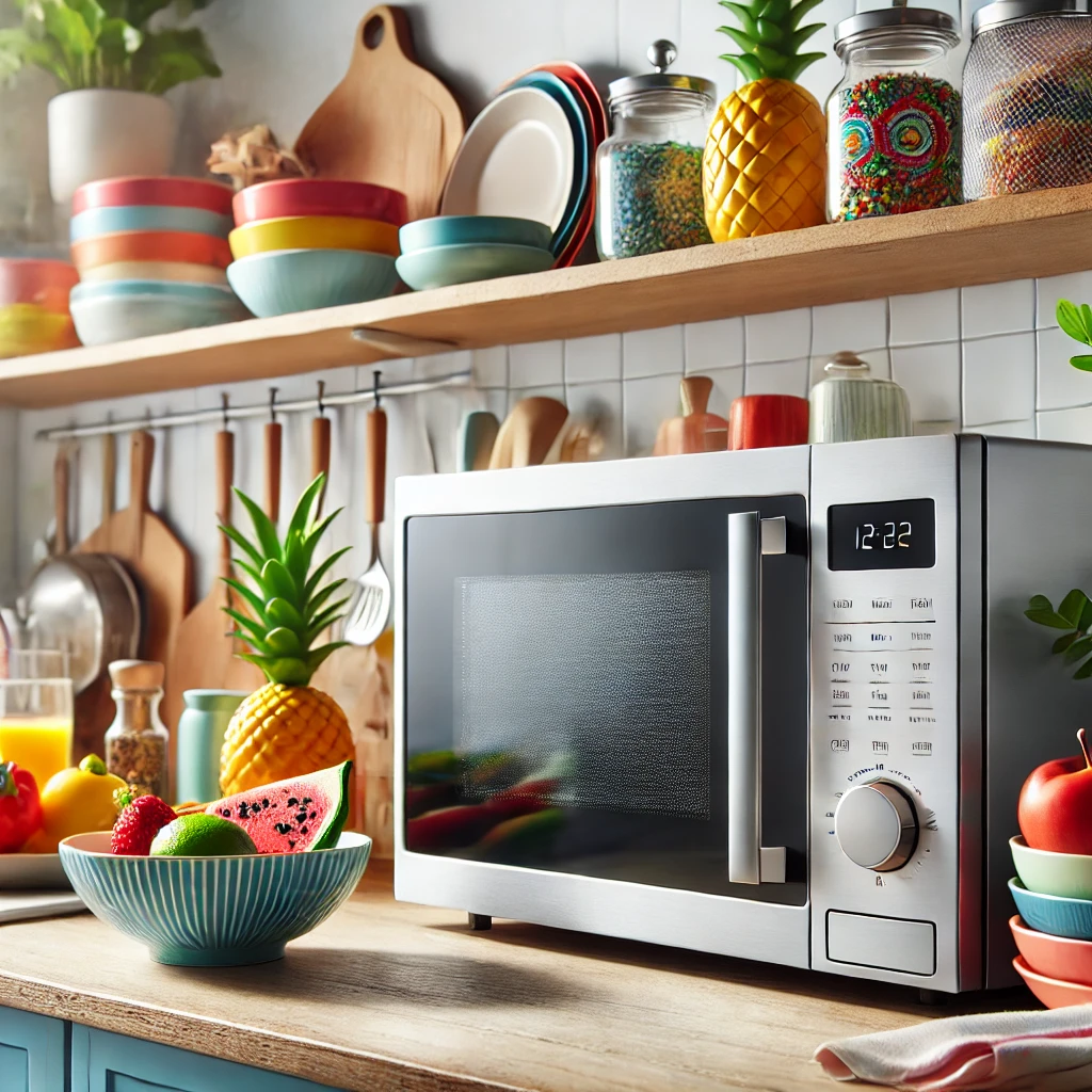 A sleek stainless steel microwave oven with a digital display, integrated into a bright and stylish modern kitchen design.
