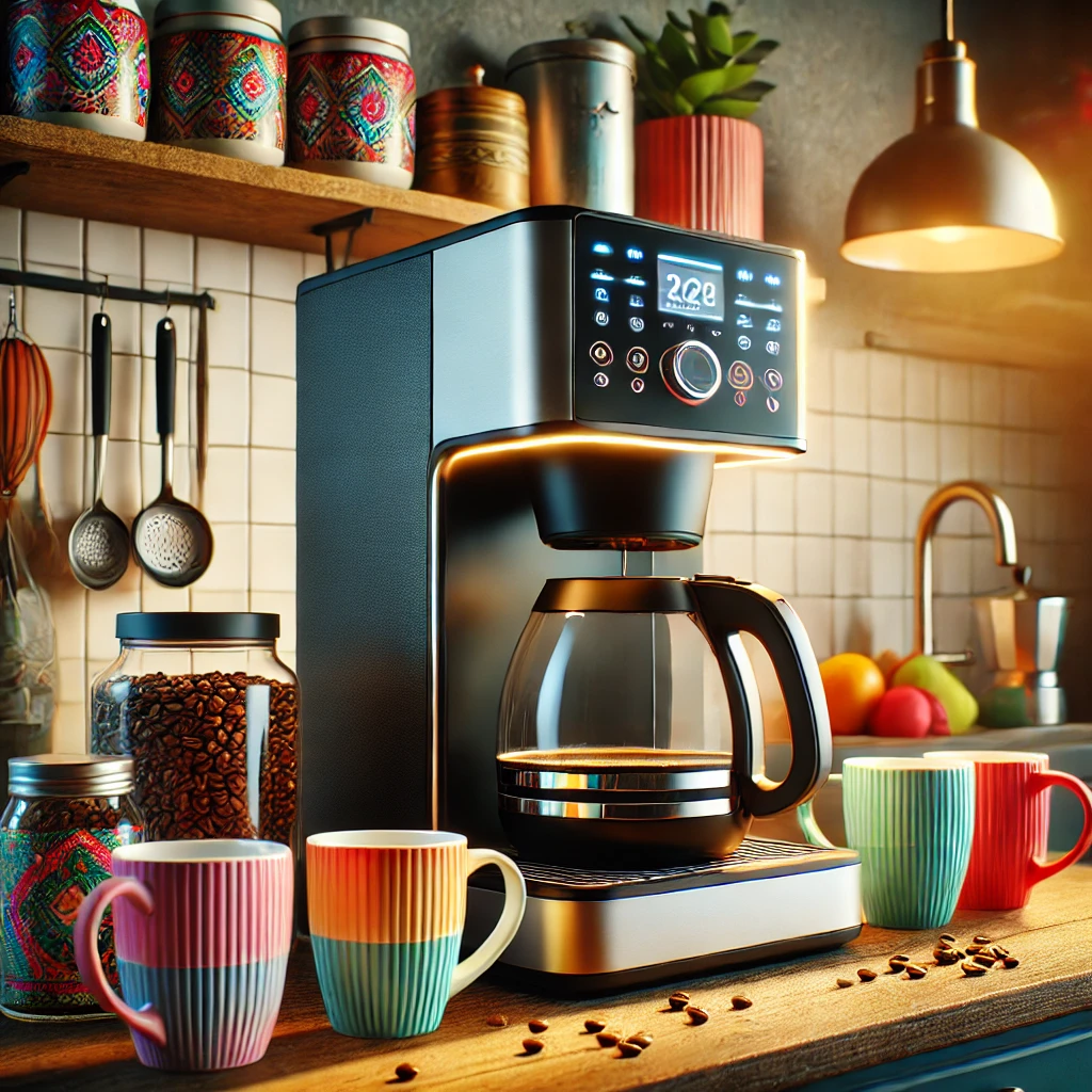 A high-quality sharp and eye-catching image showcasing a modern coffee maker in a bright and stylish kitchen setting. The coffee maker features a sleek design with stainless steel and black accents, placed on a white countertop.