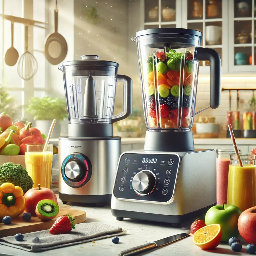 A high-quality, sharp, and eye-catching image showcasing a modern blender and food processor in a bright and stylish kitchen setting. The appliances feature a sleek stainless-steel design with advanced controls.