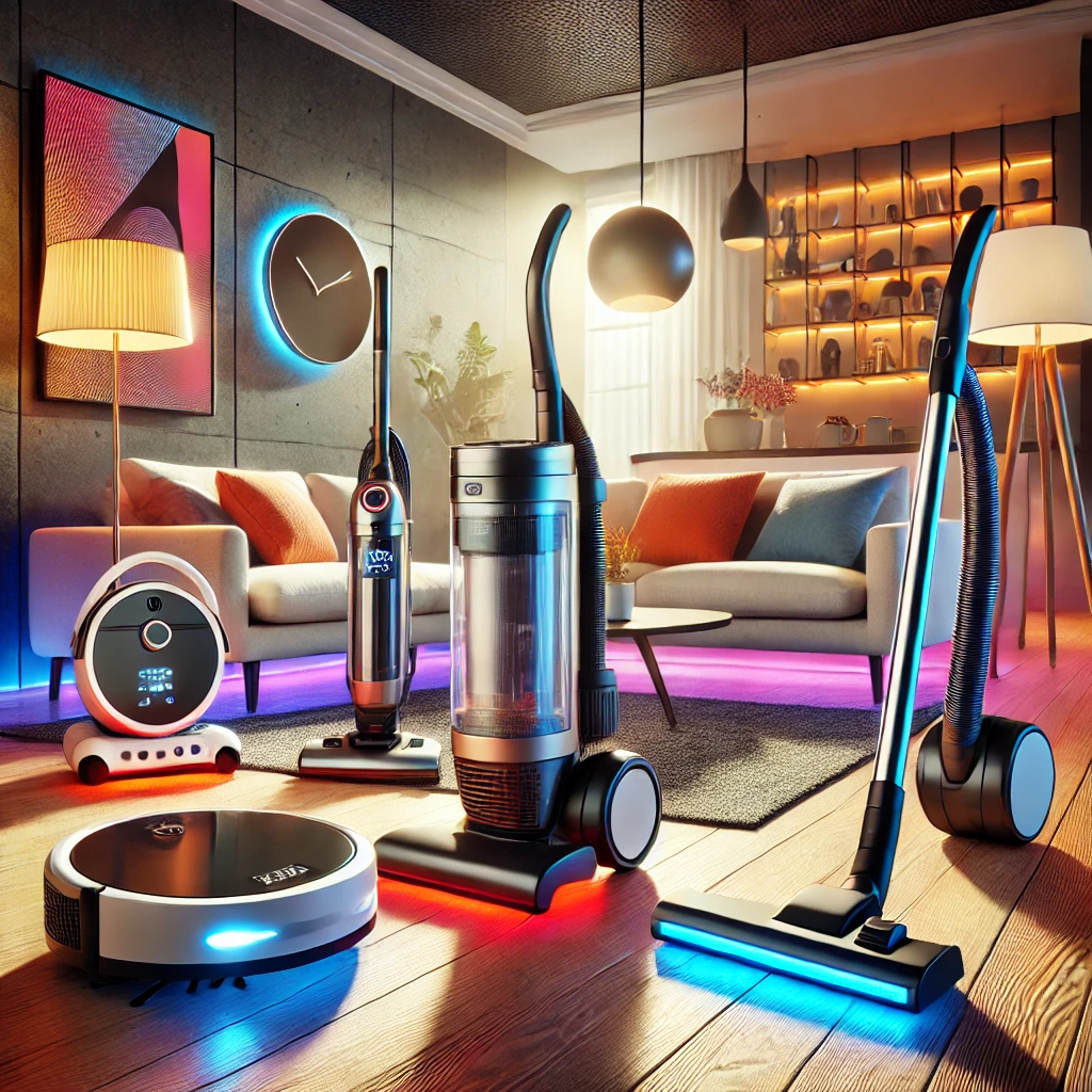 A high-quality, sharp, and eye-catching image showcasing a variety of modern vacuum cleaners, including an upright vacuum, a handheld vacuum, a robotic vacuum, and a canister vacuum in a sleek, contemporary setting.