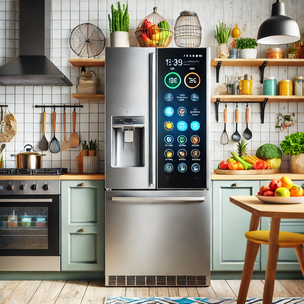 A modern smart refrigerator with a sleek stainless steel finish in a bright and stylish kitchen setting, featuring a touch-enabled smart display.