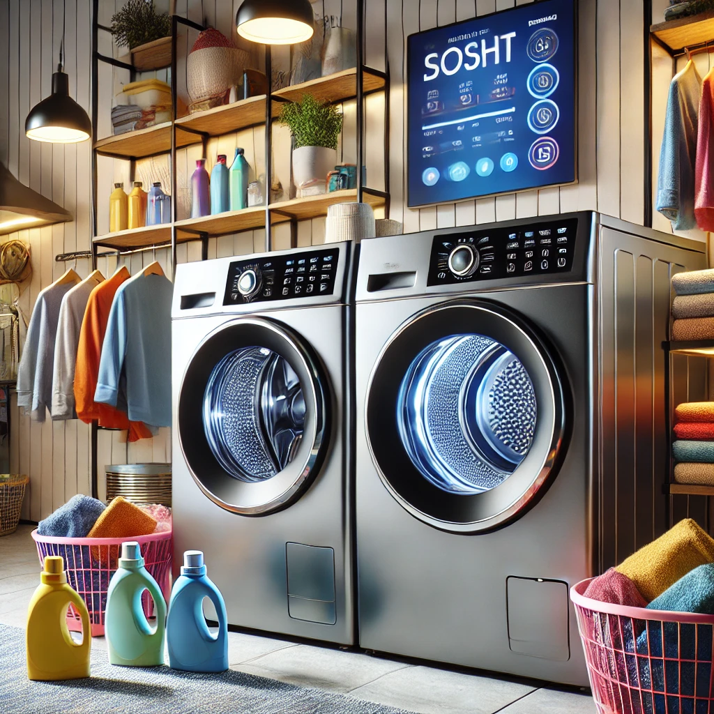 A pair of modern smart washers and dryers in a bright and stylish laundry room, featuring a sleek and innovative design.