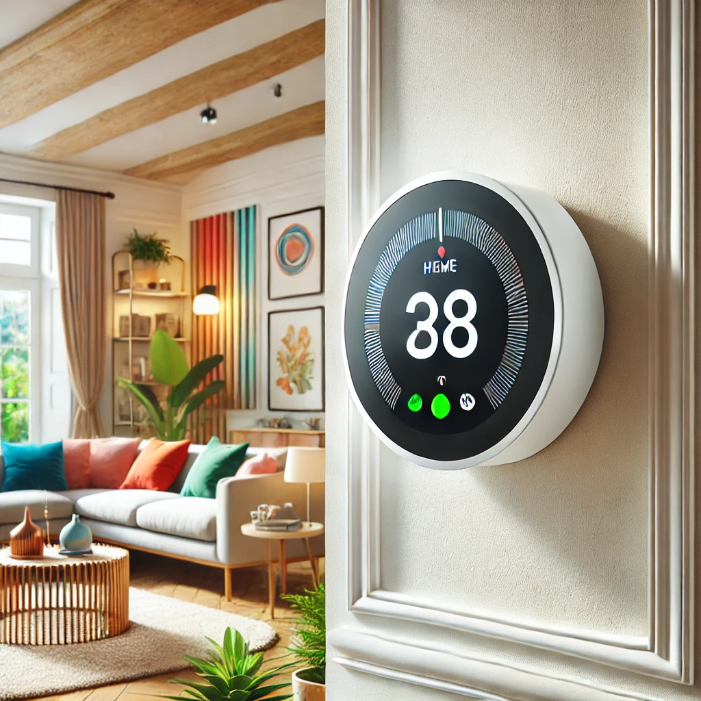 A modern smart thermostat mounted on a stylish living room wall, featuring a sleek design and user-friendly interface.