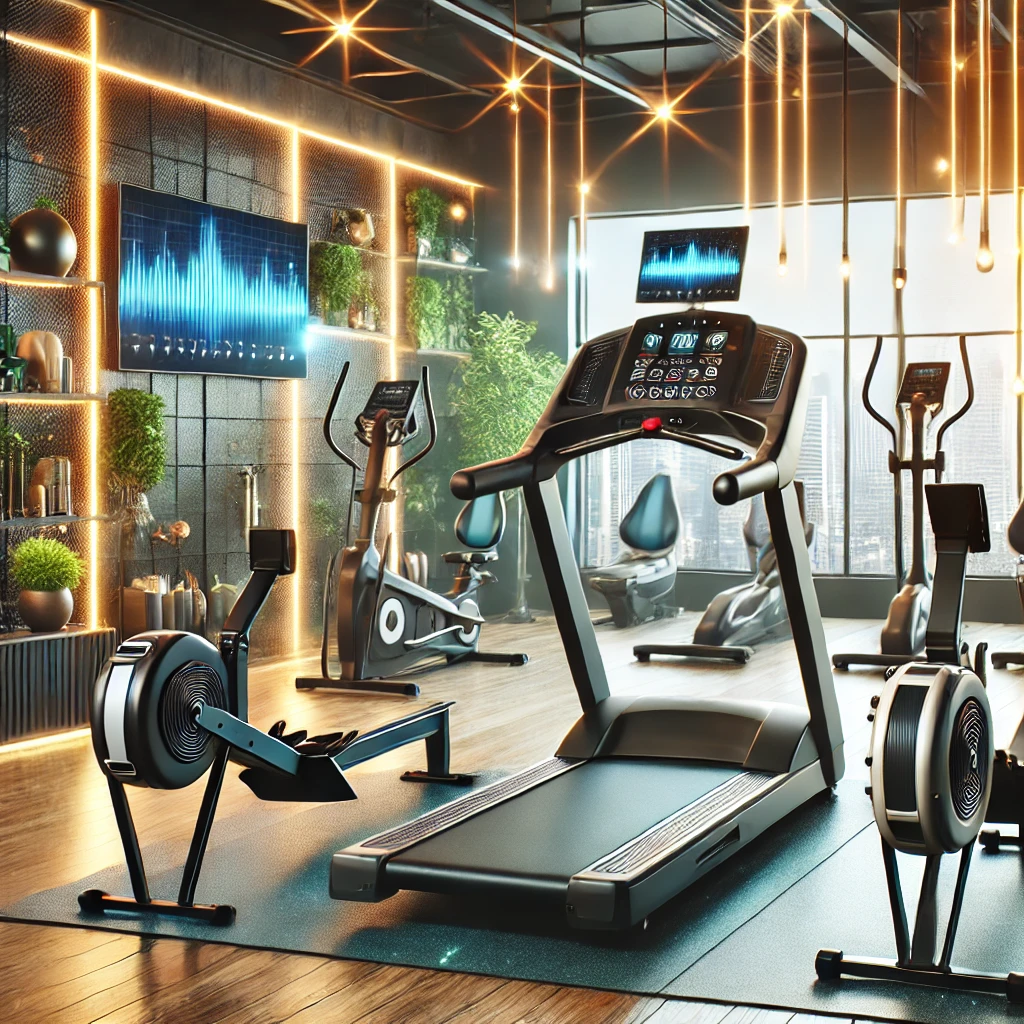 A variety of cardio fitness equipment, including a treadmill, stationary bike, and elliptical, showcased in a modern gym setting.
