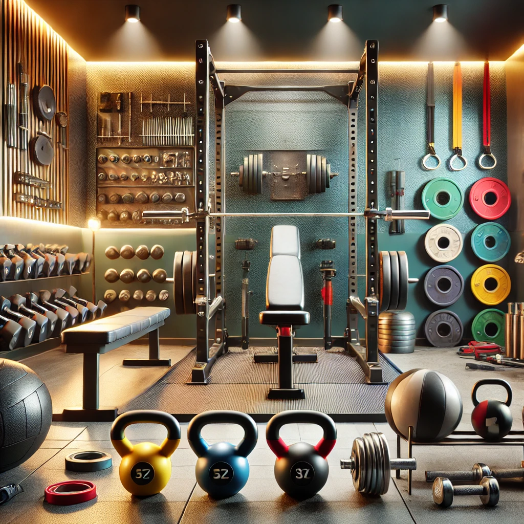 A selection of strength training equipment, including dumbbells, kettlebells, a barbell with weight plates, and a bench, showcased in a modern gym setting.