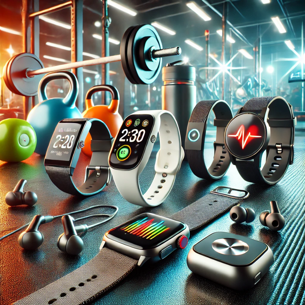 A sharp and vibrant image showcasing wearable fitness technology, including a fitness tracker, smartwatch, and heart rate monitor, displayed in a modern and stylish setup.