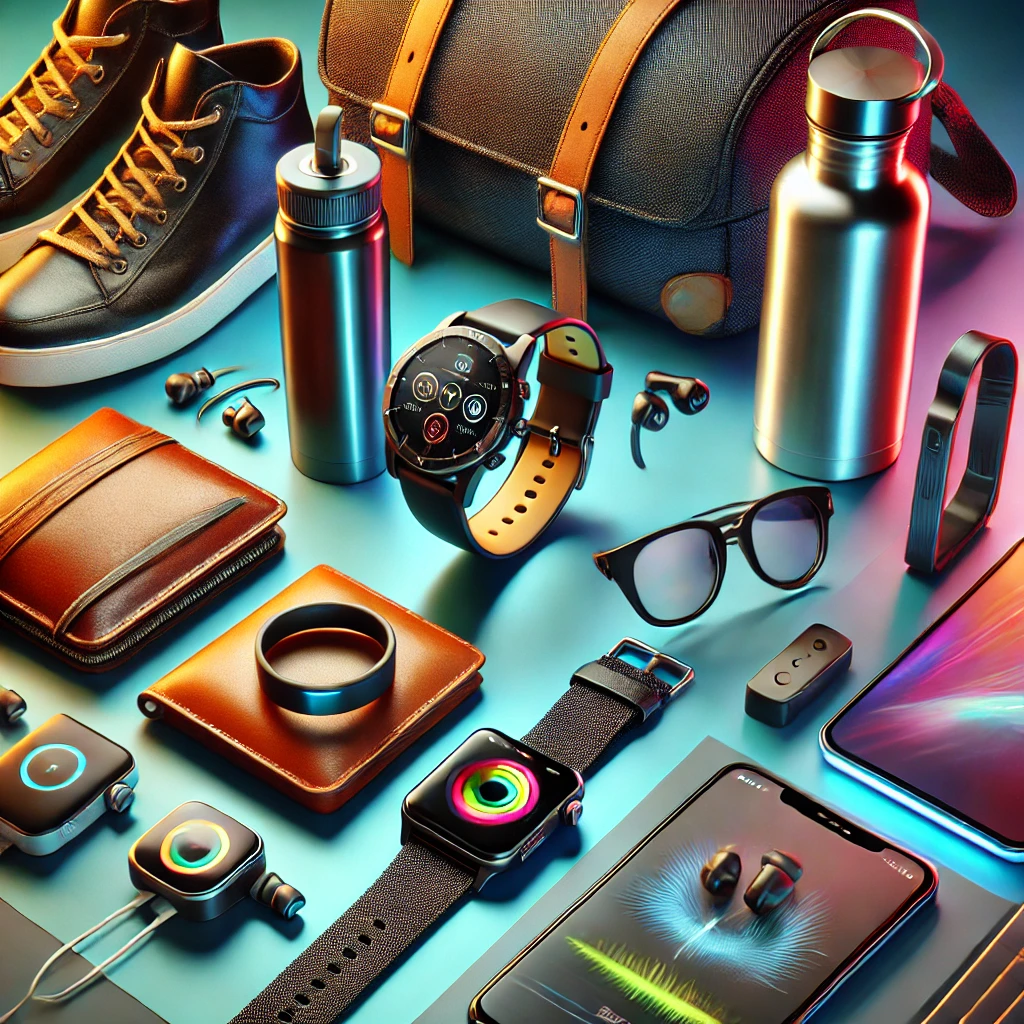 A vibrant and sharp image showcasing a variety of lifestyle products, including wearable fitness technology like smartwatches, fitness trackers, and stylish accessories, displayed in an elegant and modern setup.