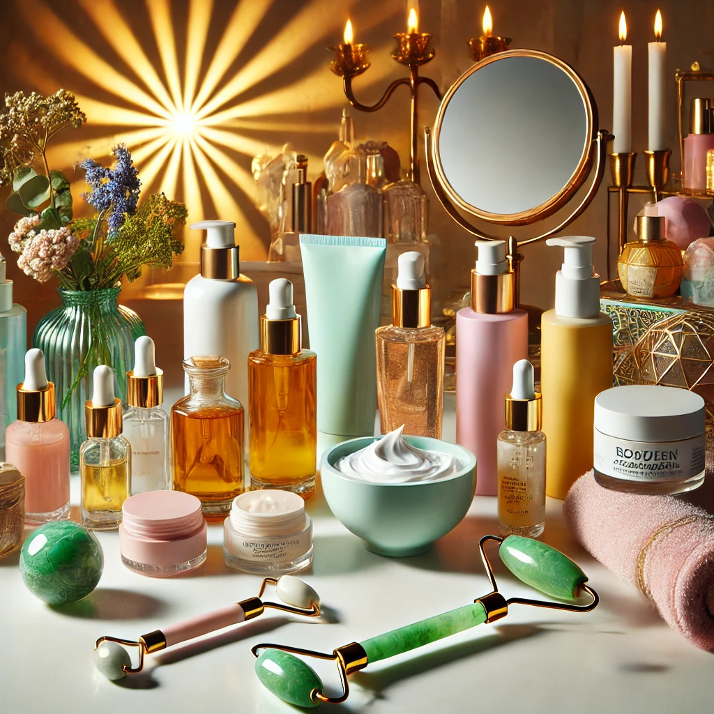 A vibrant and high-quality image showcasing a range of skincare products, including moisturizers, serums, sunscreen, and facial cleansers, arranged in a stylish and modern display.