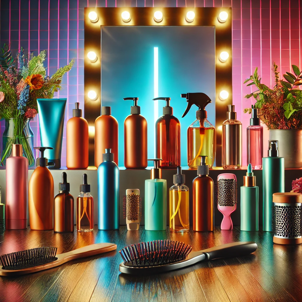 A high-quality image showcasing a variety of haircare products, including shampoos, conditioners, hair serums, and styling gels, arranged elegantly.
