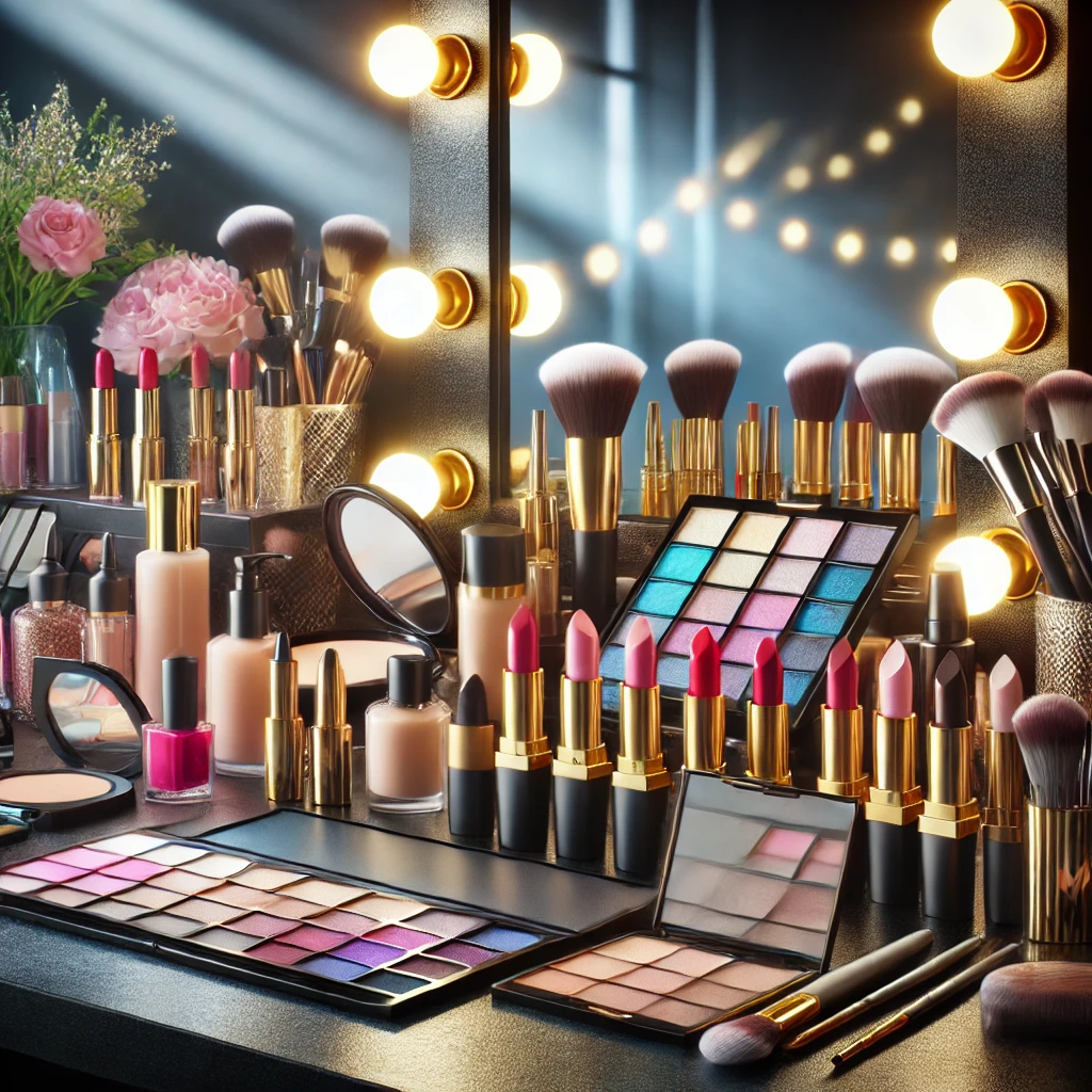 A high-quality image showcasing a variety of makeup products, including lipsticks, eyeshadow palettes, foundations, and blushes, arranged aesthetically.