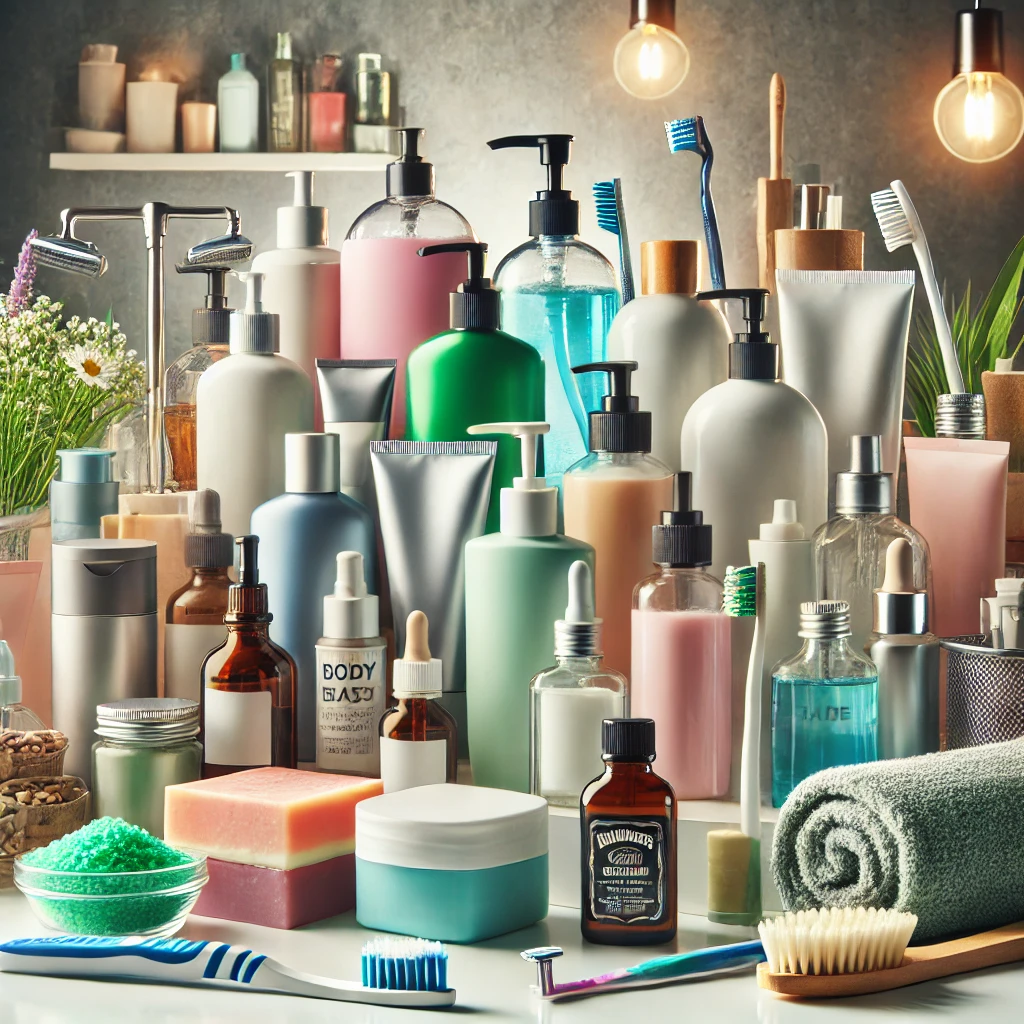 A high-quality image showcasing a variety of personal care products, including body lotions, deodorants, razors, and shaving creams, arranged attractively.