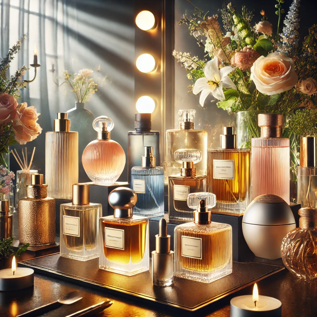 A high-quality image showcasing a variety of fragrance products, including elegant perfume bottles, cologne, and scented candles.