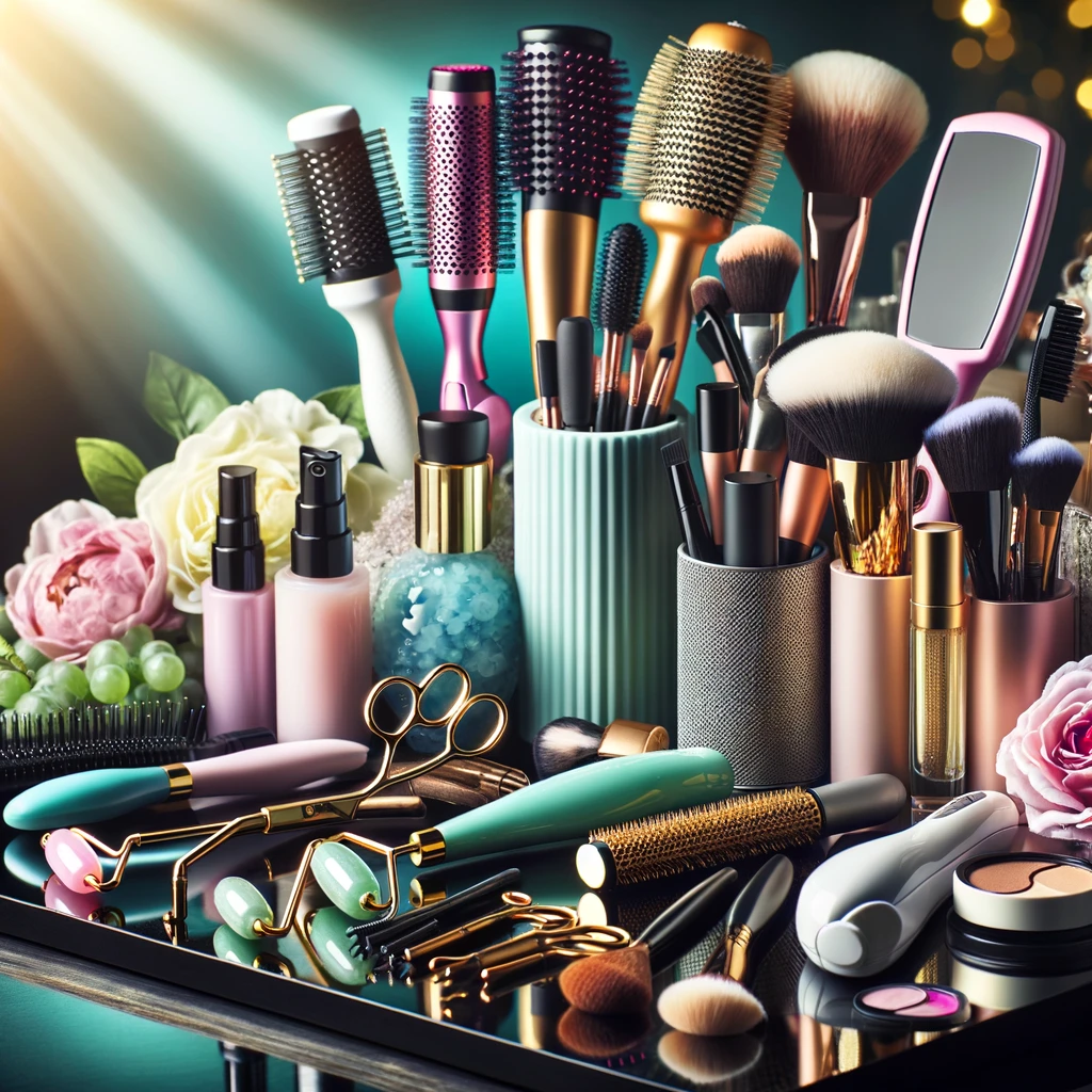 A high-quality image showcasing a variety of beauty tools, including skincare tools like jade rollers and facial cleansing brushes.