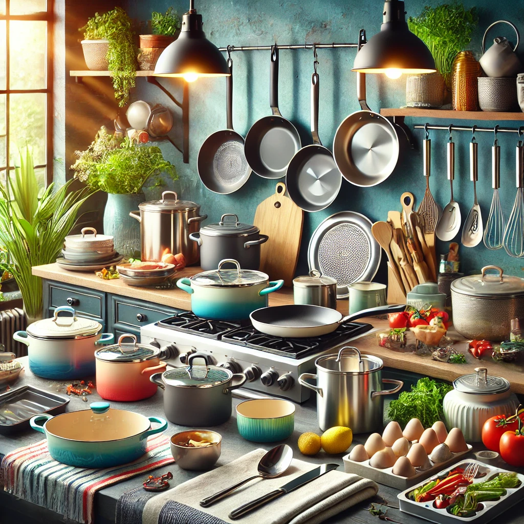 A high-quality and sharp image showcasing an assortment of cookware, including pots, pans, skillets, saucepans, Dutch ovens, and baking trays, arranged neatly on a kitchen countertop.