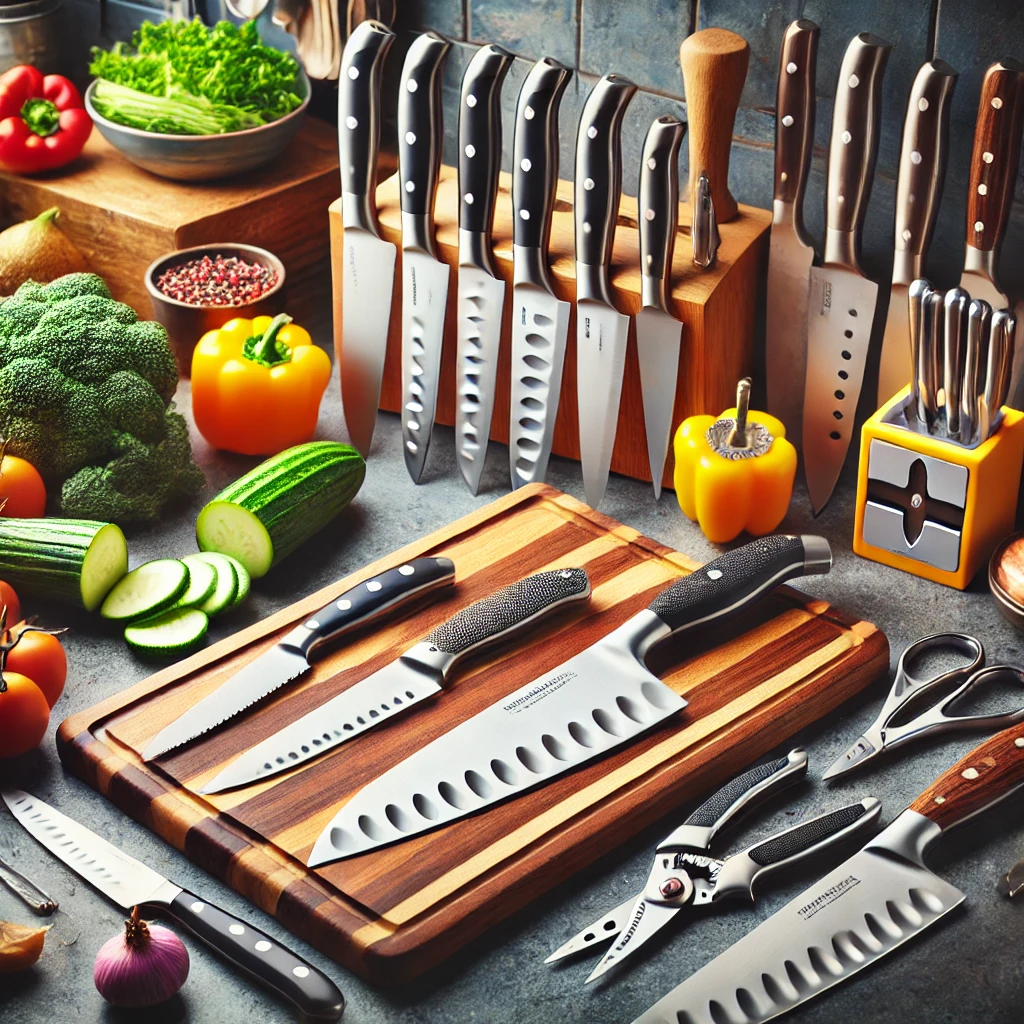 A high-quality and sharp image showcasing an assortment of knives and cutting tools, including chef's knives, paring knives, serrated knives, and specialized cutting instruments, arranged elegantly on a wooden surface.