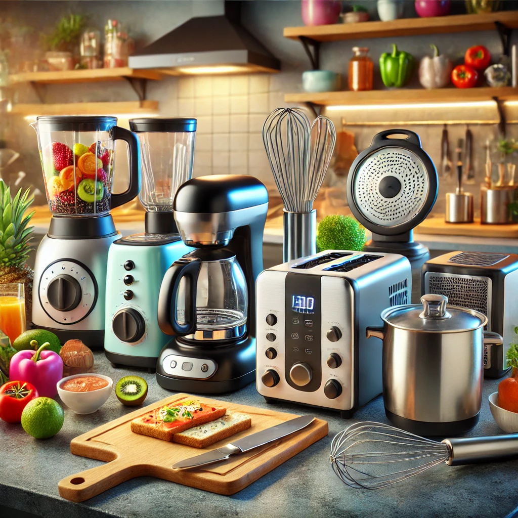 High-quality image showcasing a variety of small kitchen appliances, including a toaster, blender, coffee maker, and electric kettle, placed on a clean countertop with a modern kitchen background.