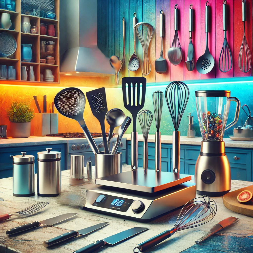 Modern kitchen utensils and gadgets including sleek stainless steel tools, colorful silicone accessories, and a cutting-edge kitchen organizer, arranged in an aesthetic and vibrant composition.
