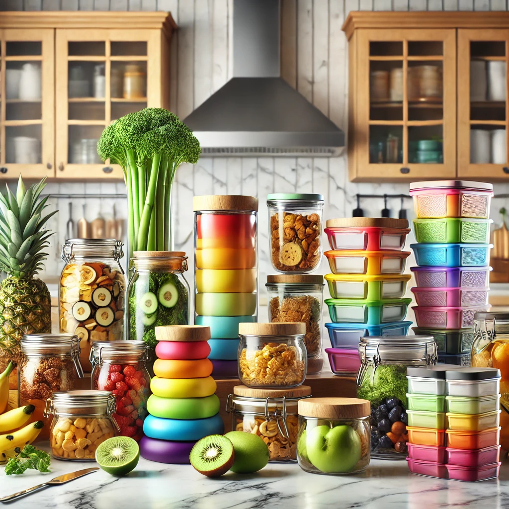 Modern food storage solutions featuring stylish glass jars with airtight lids, stackable containers, and colorful organization labels, arranged on a clean and vibrant kitchen counter