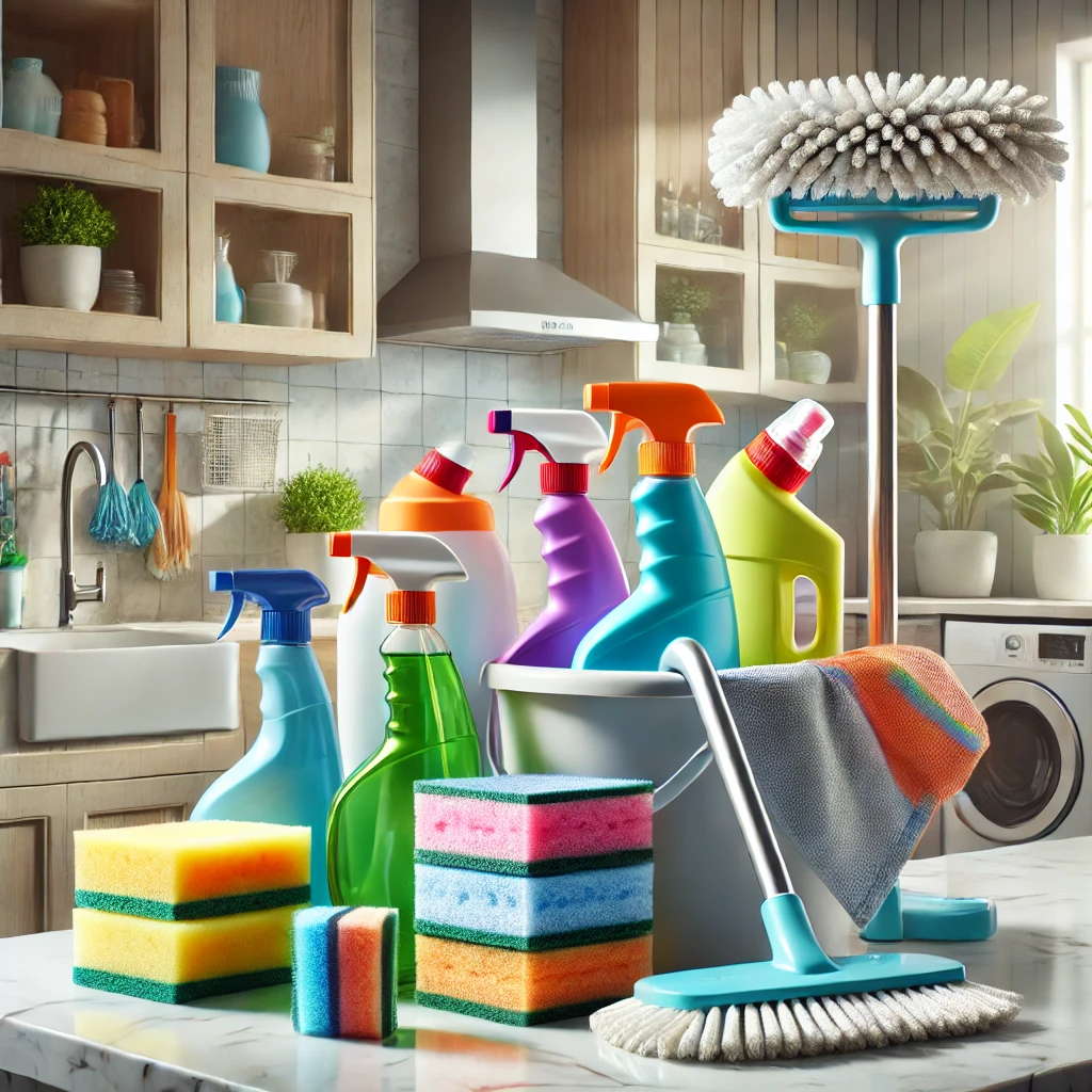 Modern cleaning supplies including spray bottles with eco-friendly cleaning solutions, colorful microfiber cloths, and sleek brushes, arranged neatly for a vibrant and organized look.