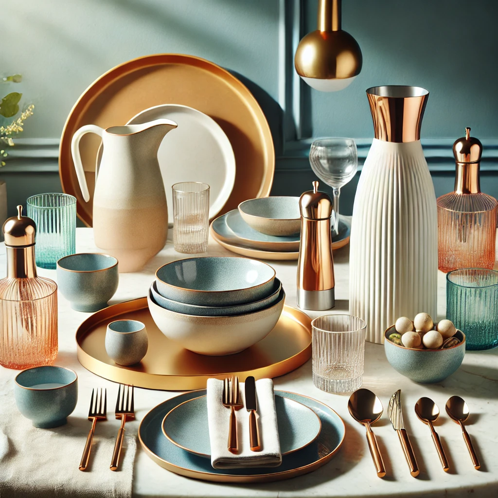Modern serving essentials including elegant serving trays, stylish ceramic dishes, and contemporary glassware, arranged in a colorful and sophisticated composition.