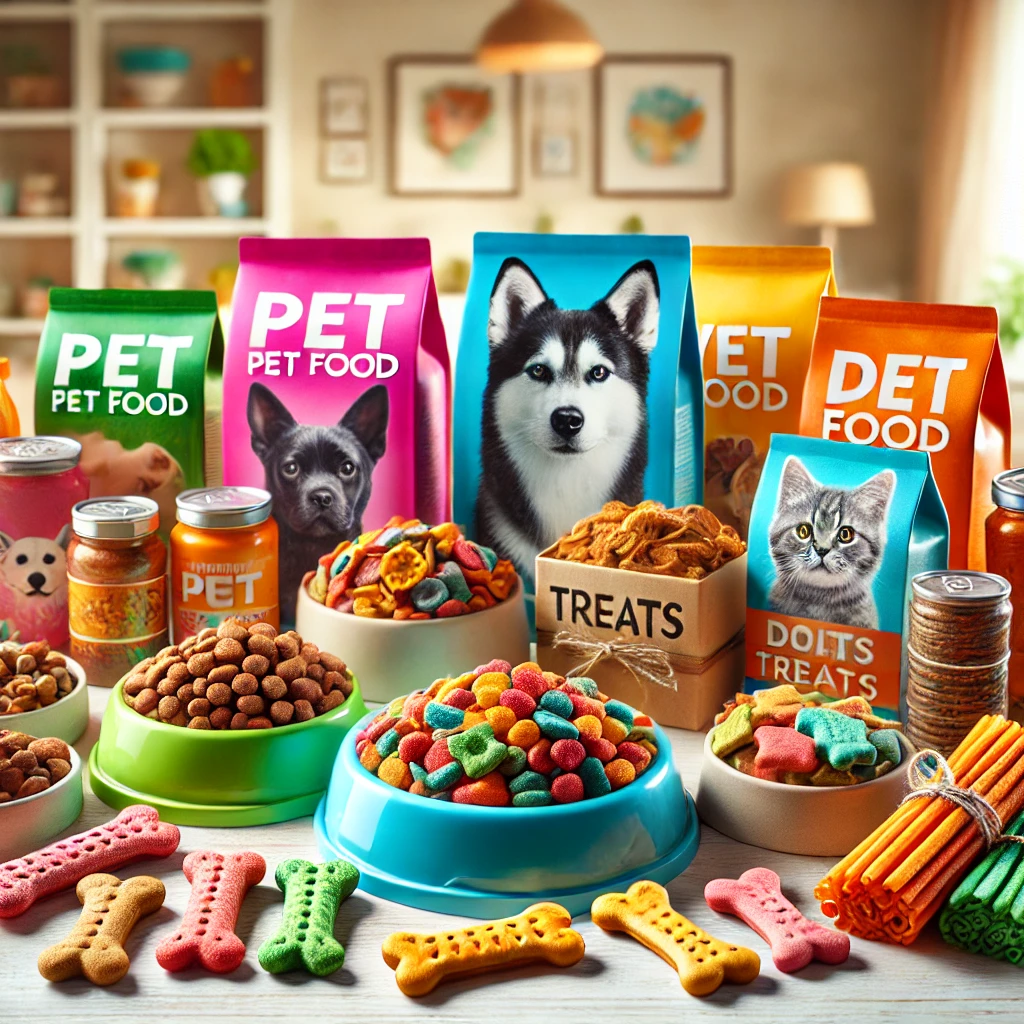 A high-quality, sharp, and colorful image showcasing a variety of pet foods and treats. The composition features vibrant packaging of dry and wet pet foods along with neatly arranged pet treats, creating a visually appealing display.