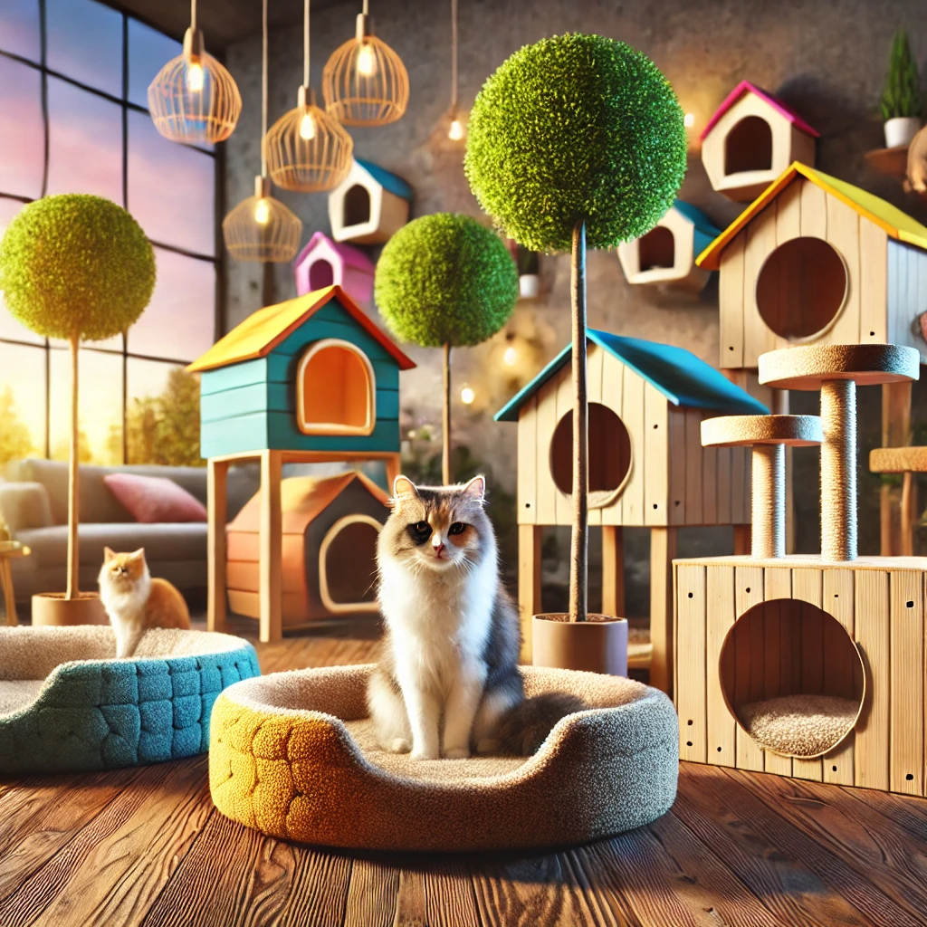 A high-quality, sharp, colorful image showcasing modern pet bedding and housing. The scene features cozy pet beds with soft cushions and stylish pet houses, emphasizing comfort and design.