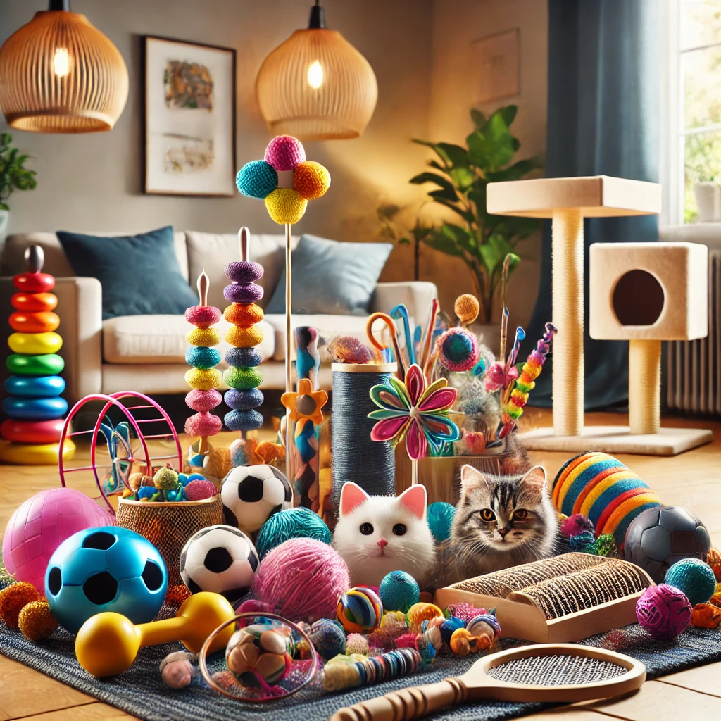 A high-quality, sharp, colorful image showcasing a variety of pet toys and enrichment items. The scene includes vibrant chew toys, interactive puzzles, and playful accessories designed for pets.