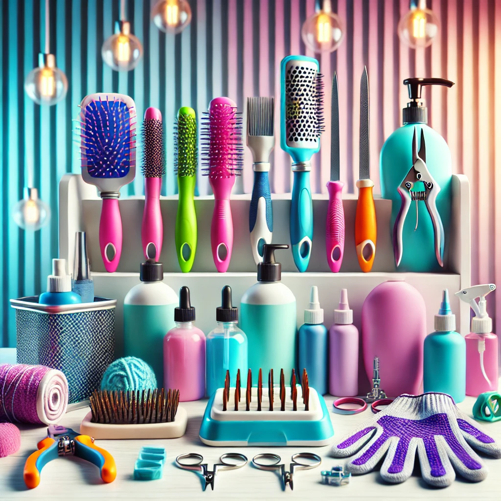 A high-quality, sharp, colorful image showcasing a variety of pet grooming supplies. The composition features brushes, combs, nail clippers, and shampoo bottles, offering a complete grooming solution for pets.