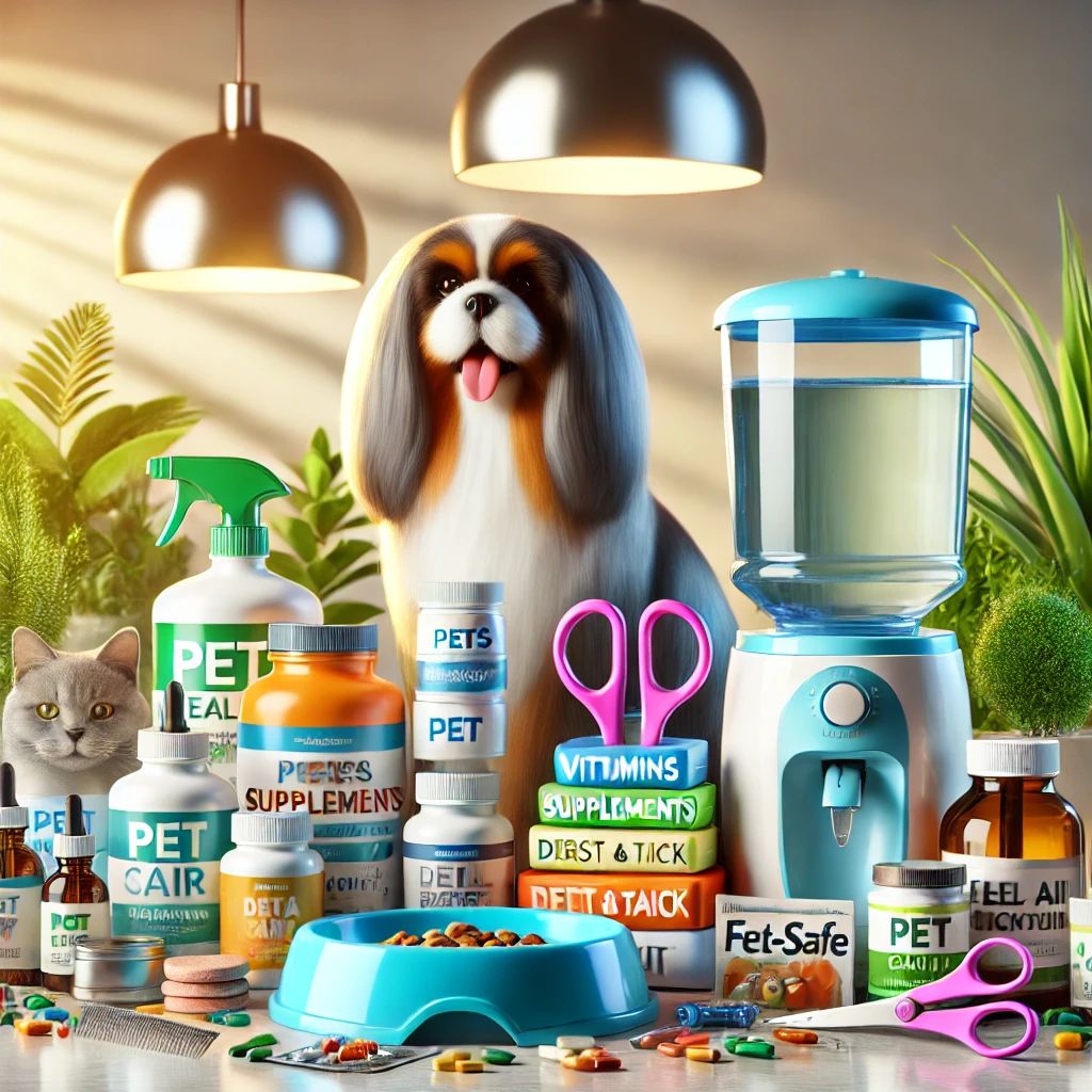 A high-quality, sharp, colorful image showcasing a variety of pet health and wellness products. The composition includes vitamins, supplements, and hygiene essentials, presented in vibrant packaging.