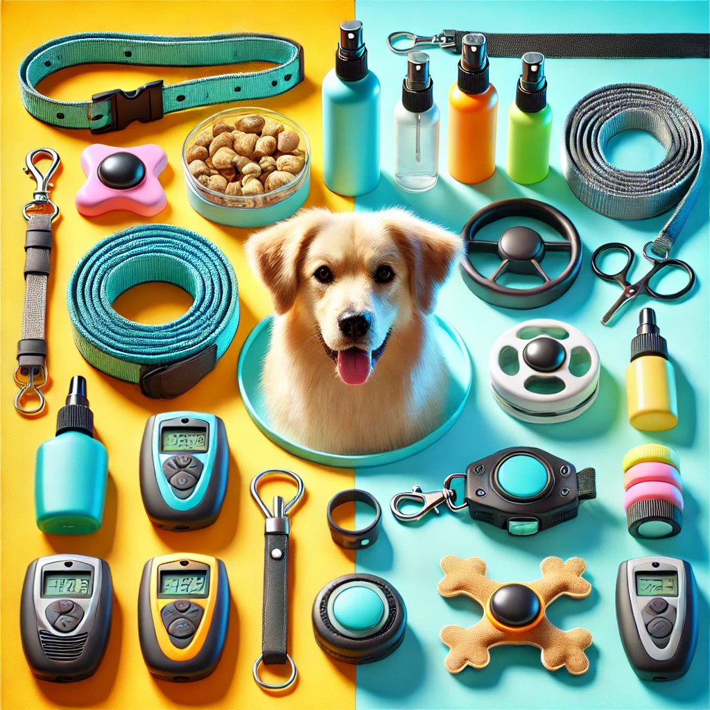 A high-quality, sharp, colorful, and bright image showcasing pet training and behavior aid products. The composition features modern designs of leashes, clickers, training pads, and treat dispensers in vibrant packaging.