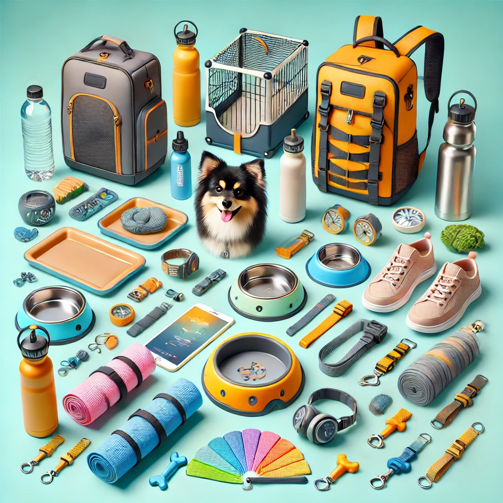 A high-quality, sharp, colorful, and bright image showcasing pet travel and outdoor gear products. The composition features modern designs of pet carriers, travel bowls, leashes, and safety harnesses.