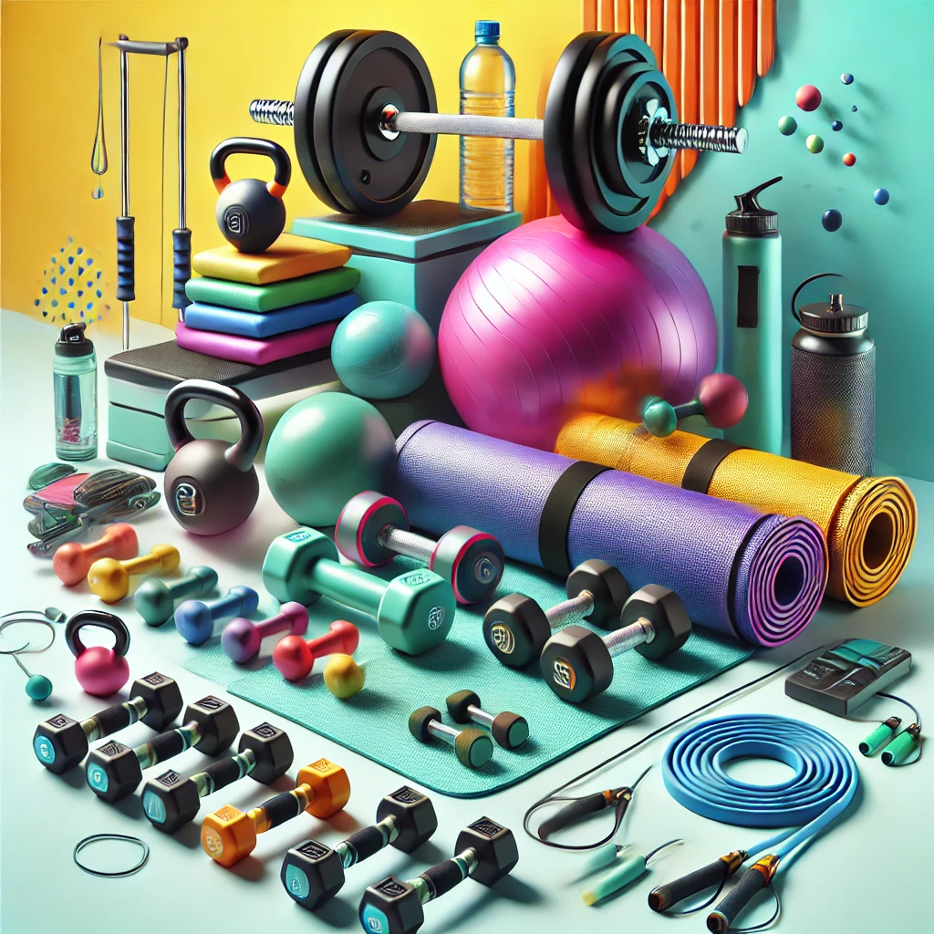 A high-quality, sharp, colorful, and bright image showcasing fitness equipment for a health and wellness page. The image features modern designs of dumbbells, yoga mats, resistance bands, and a fitness ball.