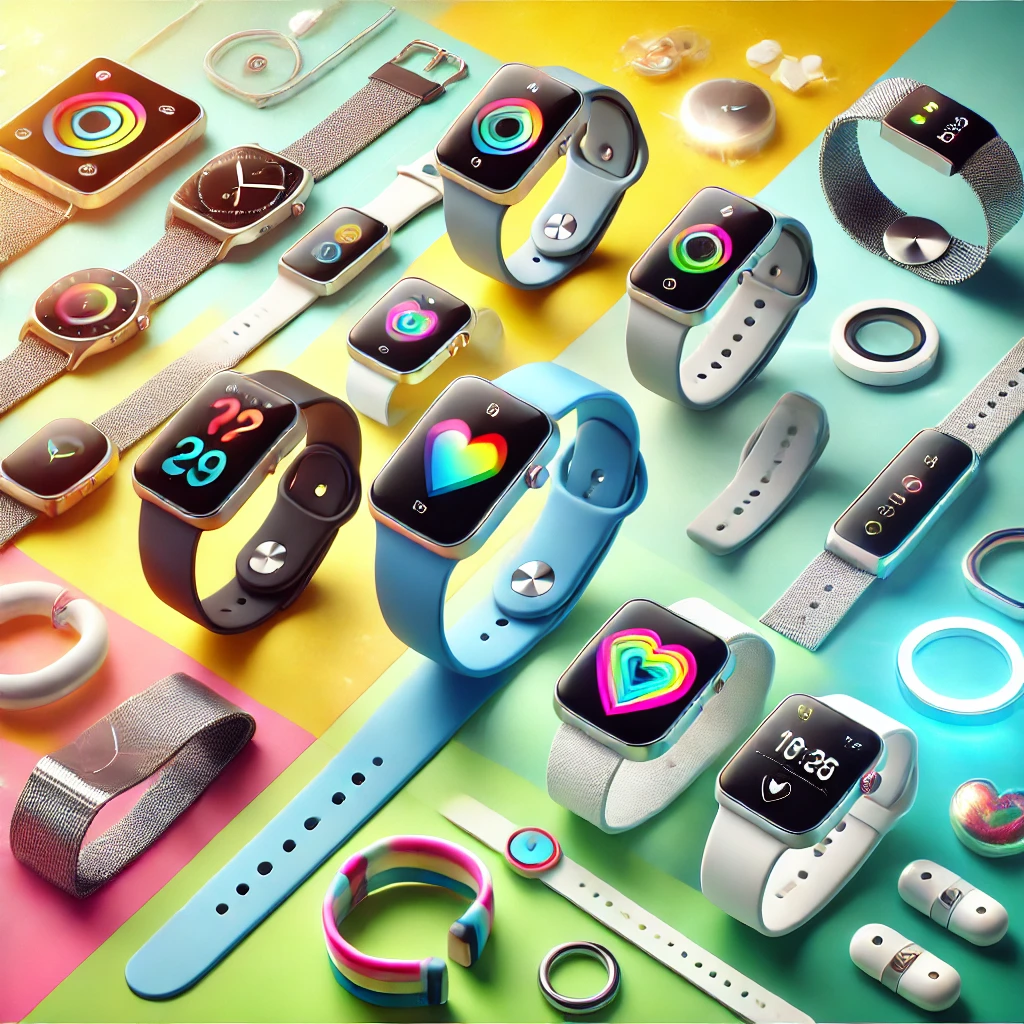 A high-quality, sharp, colorful, and bright image showcasing wearable technology products for a health and wellness page. The image features smartwatches, fitness trackers, and modern wearable devices with sleek and ergonomic designs.