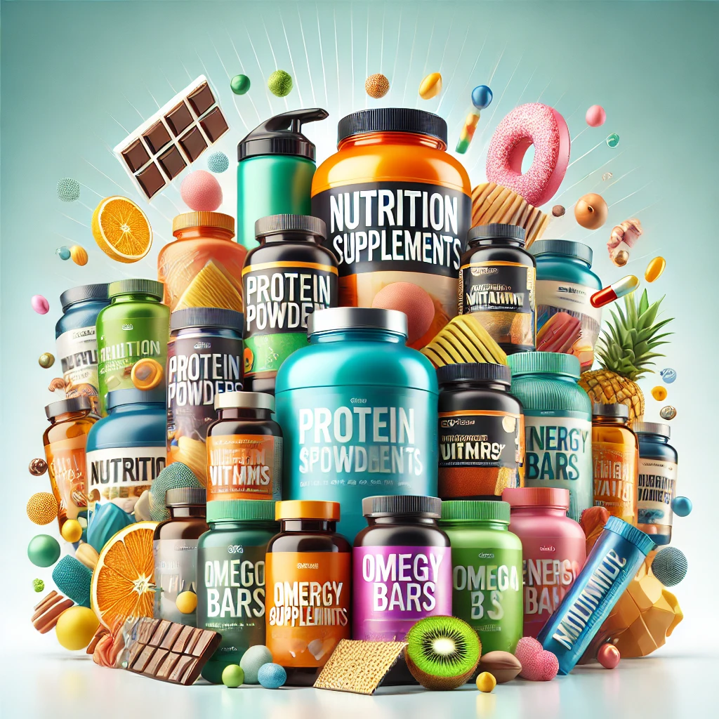A high-quality, sharp, colorful, and bright image of nutrition and supplements products for a health and wellness page. The image features an assortment of vitamins, protein powders, and herbal supplements displayed in a modern, organized layout.