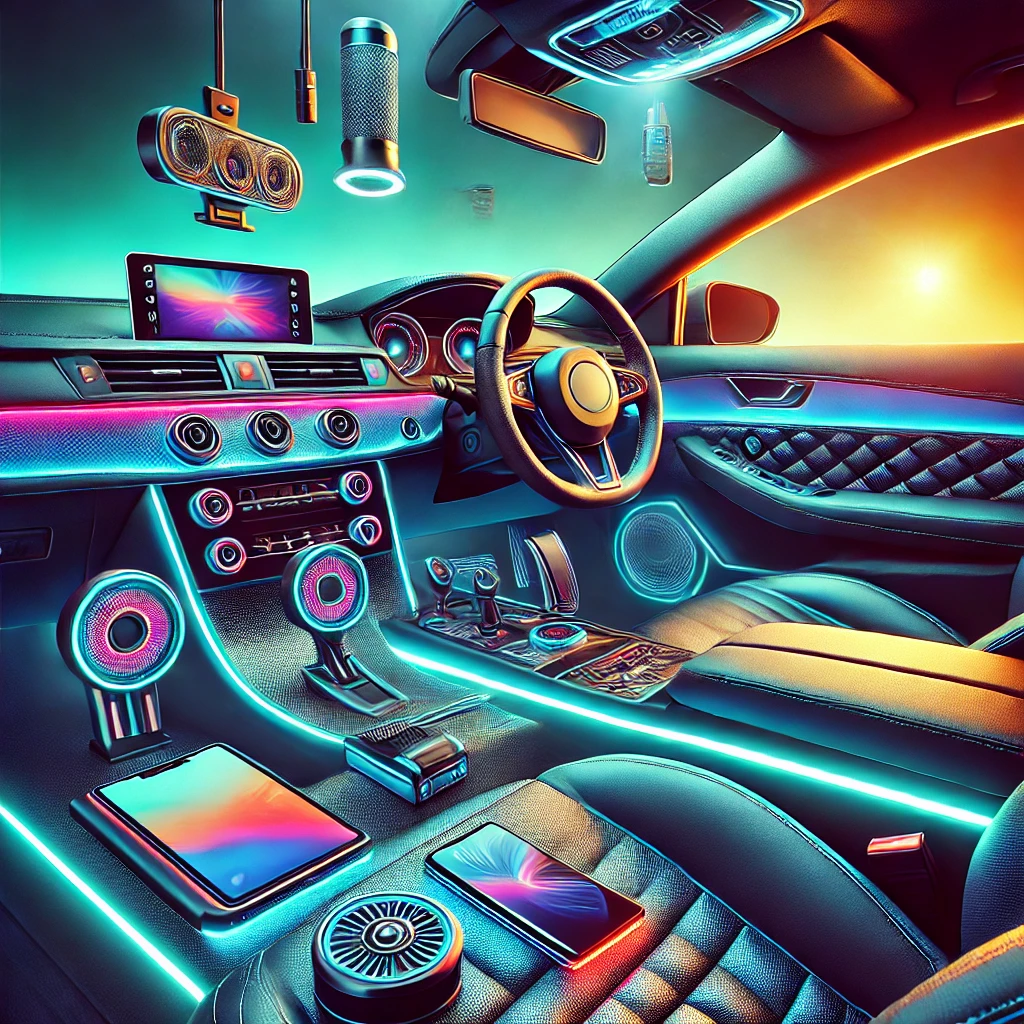 Modern automotive interior with luxurious accessories including seat covers, dashboard organizers, and a sleek steering wheel design.
