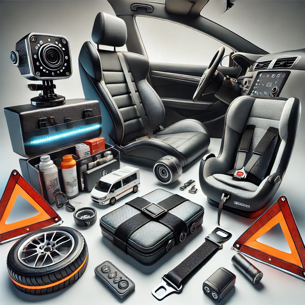 Modern automotive safety accessories, including a sleek dashcam, a compact fire extinguisher, and a digital tire pressure gauge.