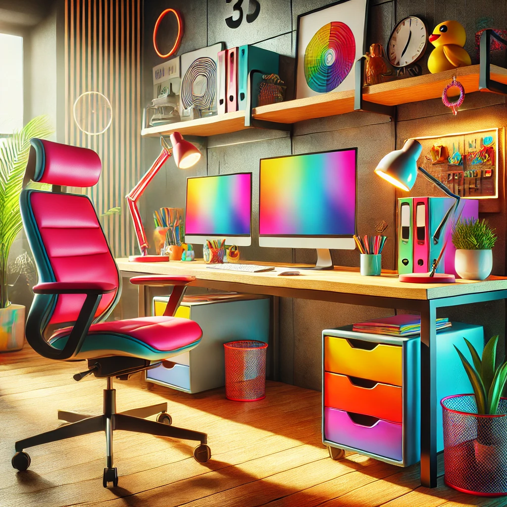 Modern and colorful office furniture in a bright and inviting workspace, featuring ergonomic chairs, a sleek desk, and vibrant decor.