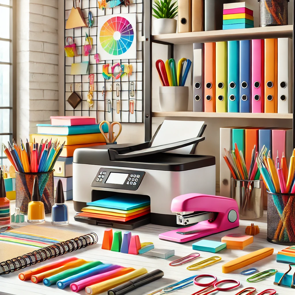 Colorful and modern office writing and printing supplies in a clean and organized workspace, featuring pens, notebooks, and a sleek printer.